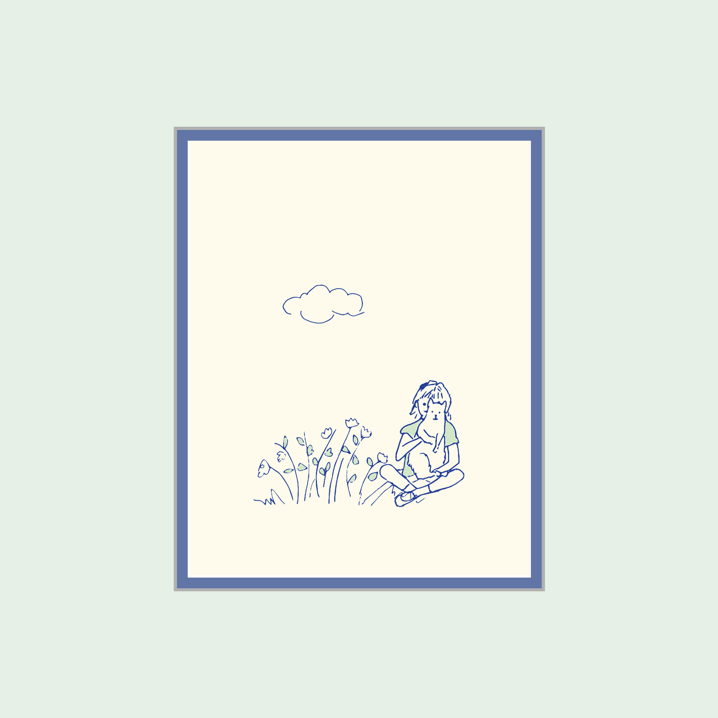 The Girl and Her Cat: Hand-Drawn Navy Blue and Green on Cream Art Print