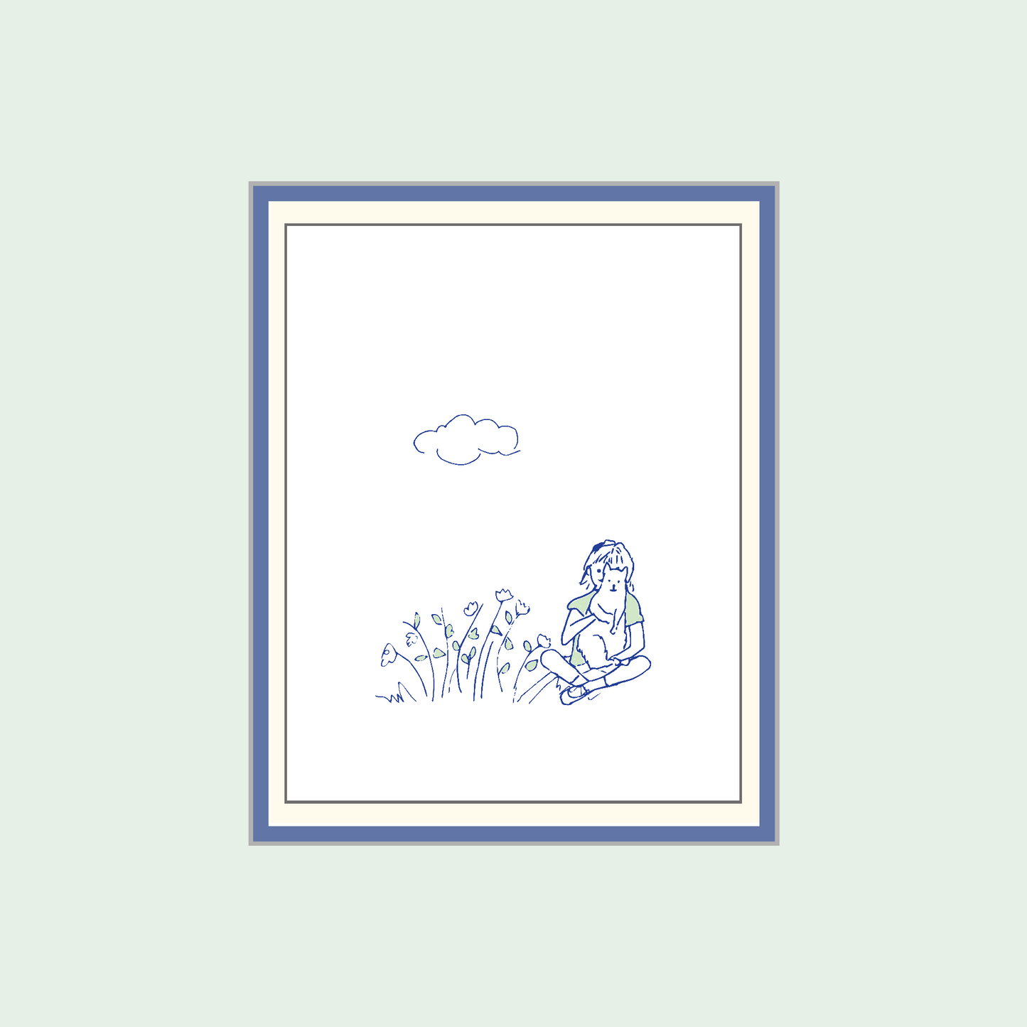 The Girl and Her Cat: Hand-Drawn Navy Blue and Green on Art Print