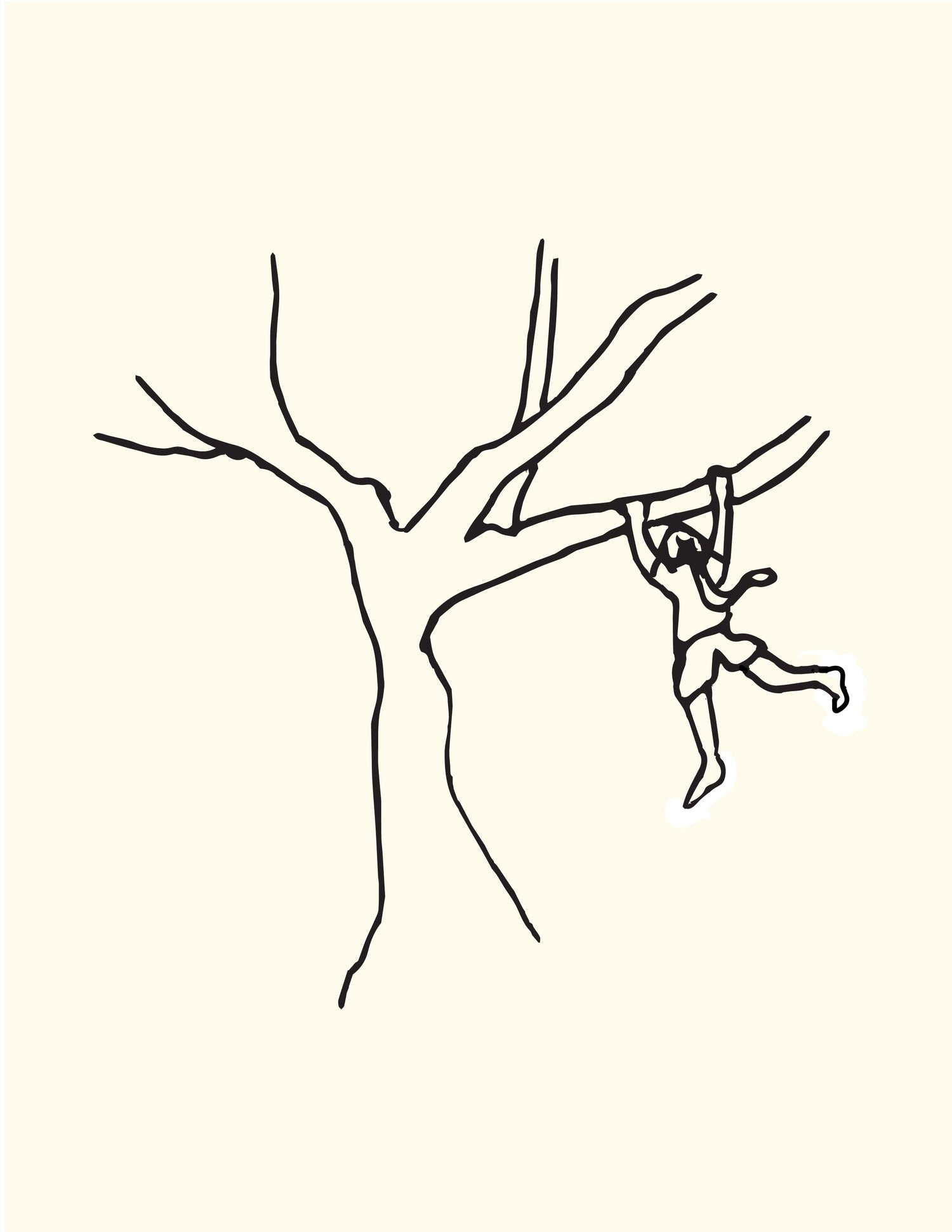 black simple line drawing on cream background of girl joyfully swinging on a tree branch