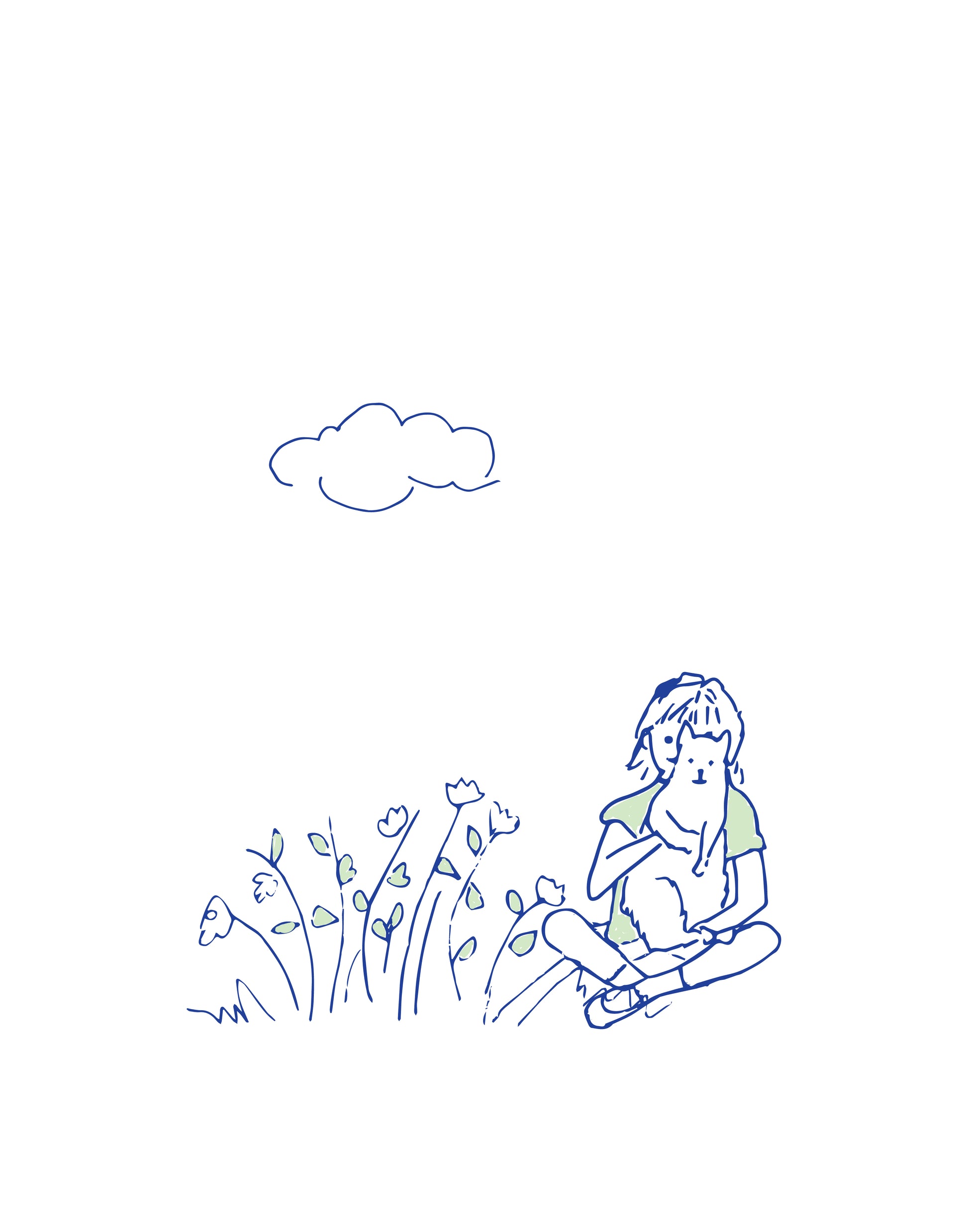 Hand -Drawn child with cat sitting by flowers with cloud above Navy blue line are with green on a white background
