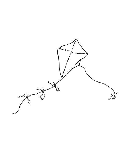 Hand drawn line drawing of old school kite black on white kite with tail and ball of string
