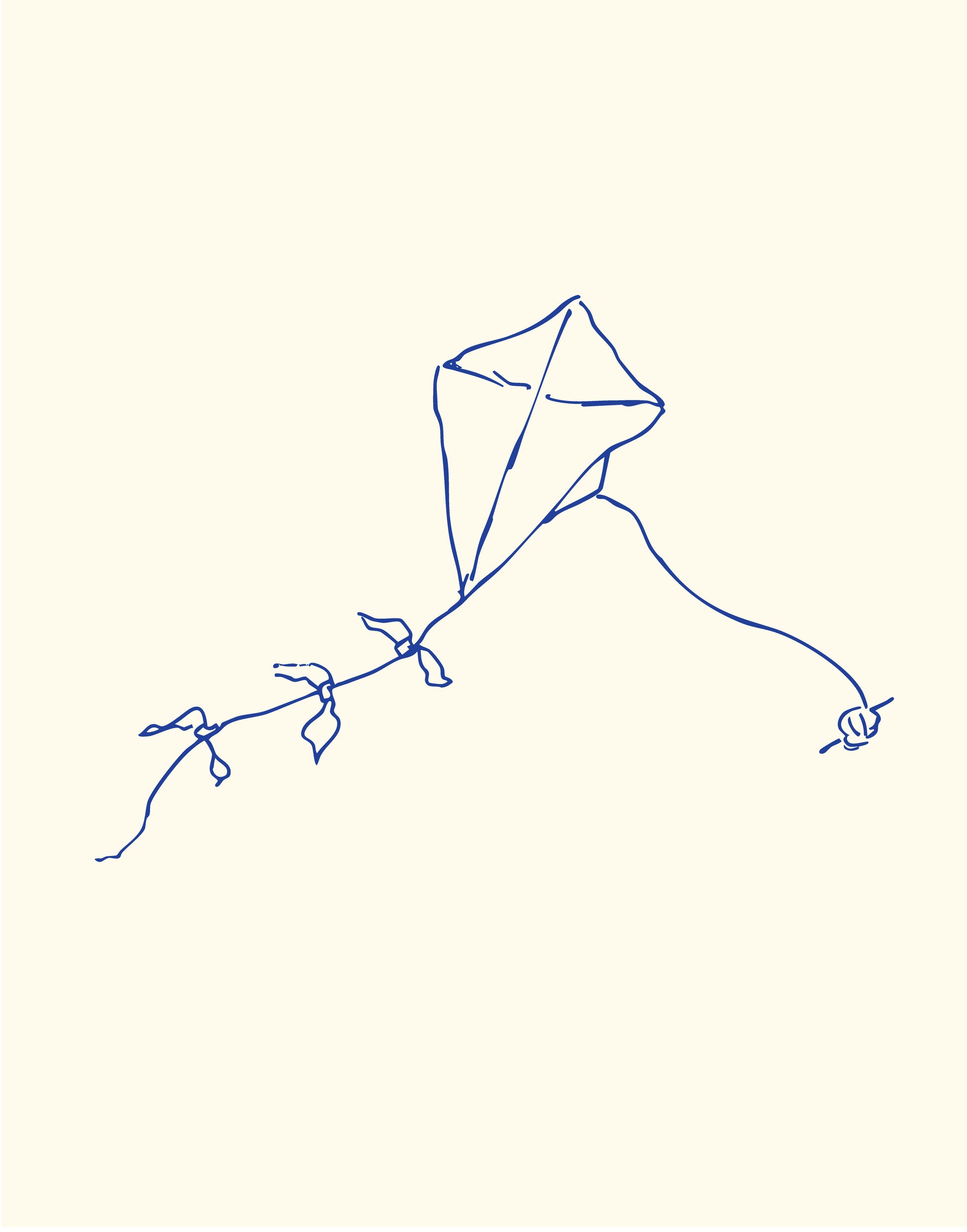 hand drawn line art of old school kite navy blue on cream background kite with hand made tail and ball of string
