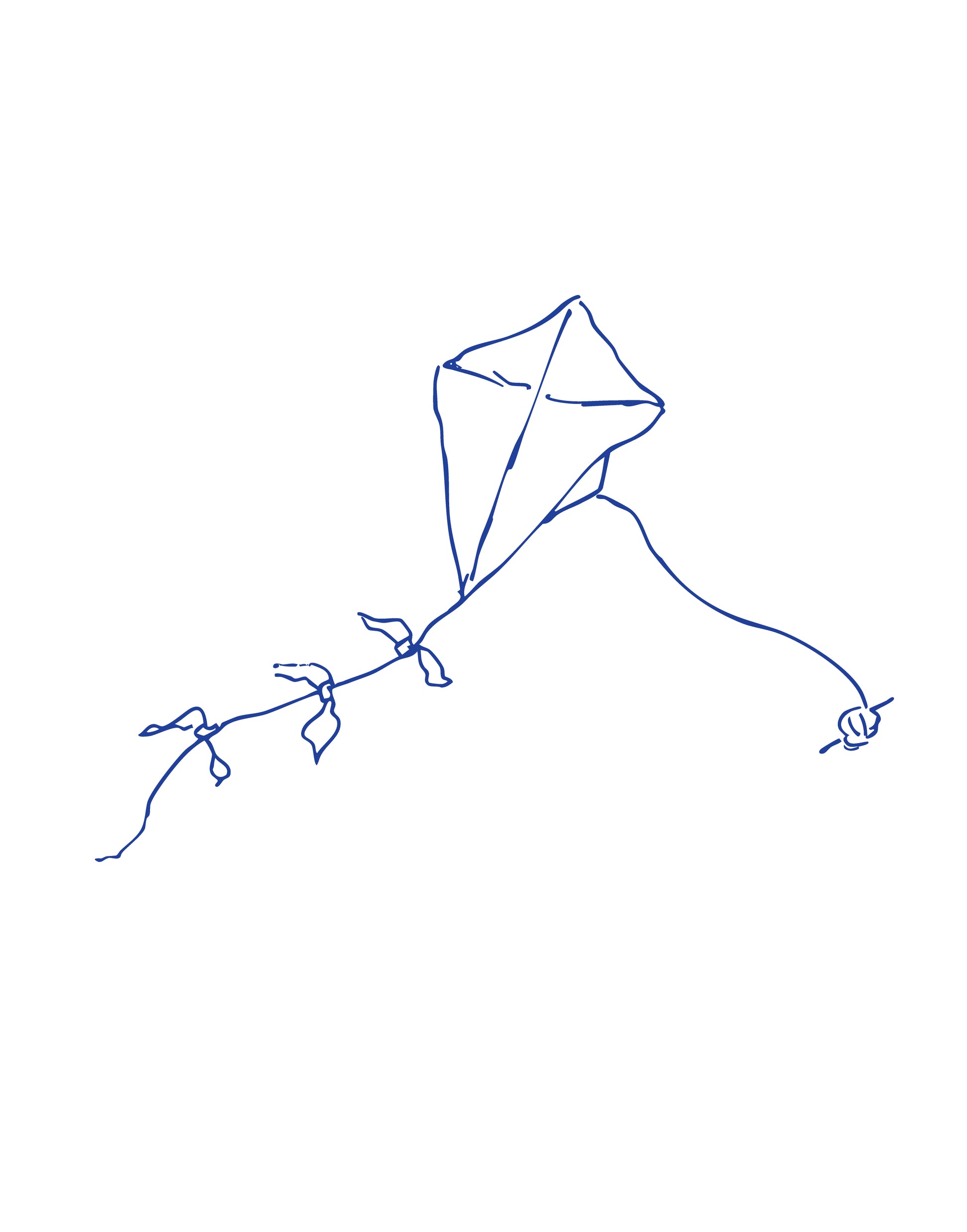 hand drawn line drawing of old school kite navy blue on white kite with hand made tail and ball of string