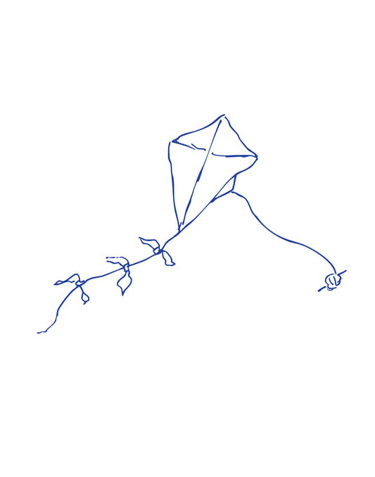 hand drawn line drawing of old school kite navy blue on white kite with hand made tail and ball of string