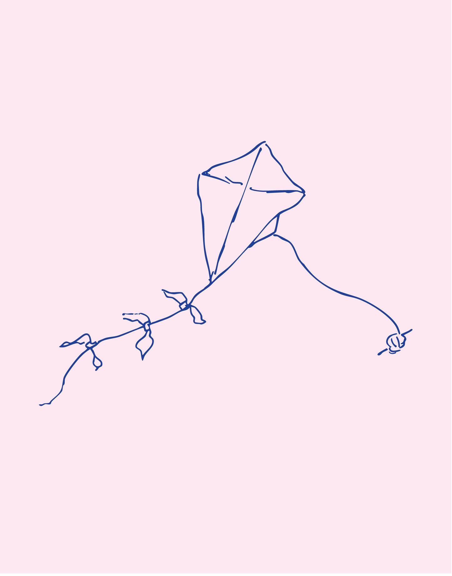 hand drawn line drawing of old school kite navy blue on pink kite with hand made tail and ball of string