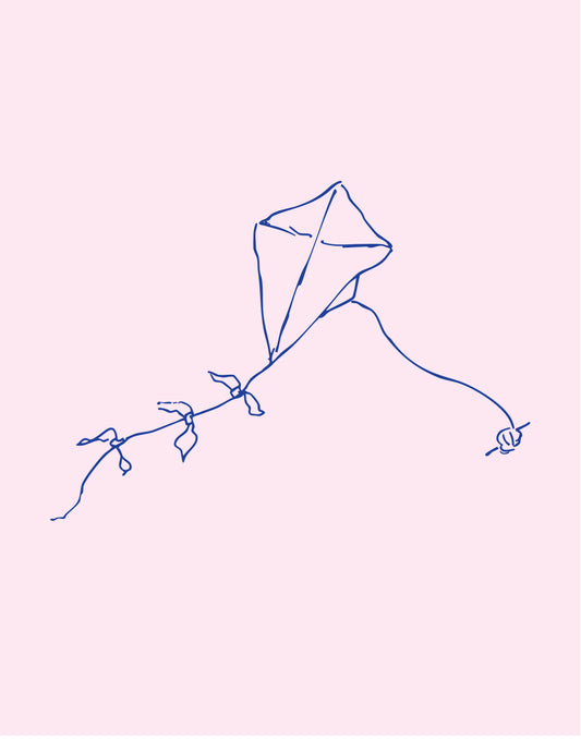 hand drawn line drawing of old school kite navy blue on pink kite with hand made tail and ball of string