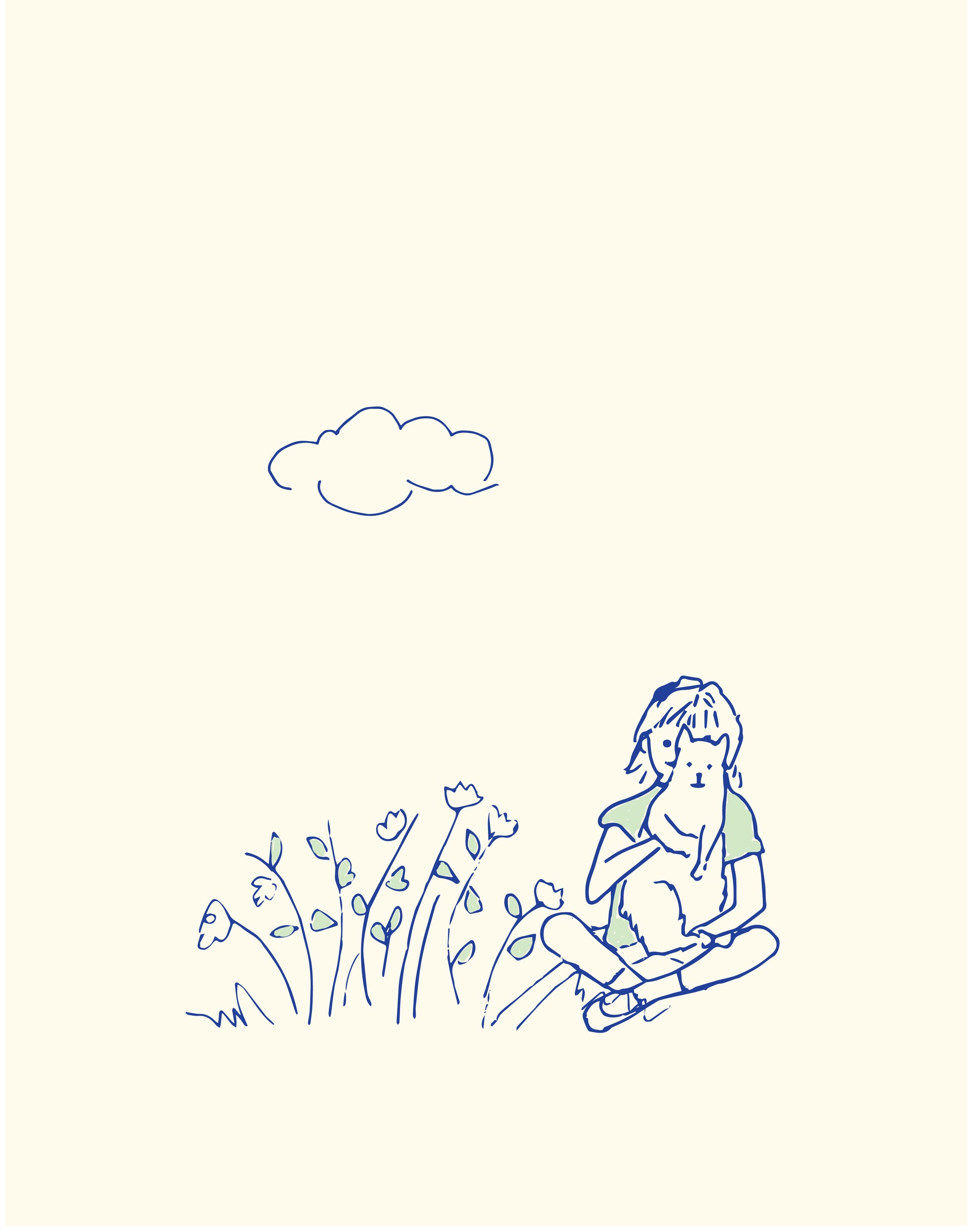 Hand -Drawn child with cat sitting by flowers with cloud above Navy blue line are with green on a cream background