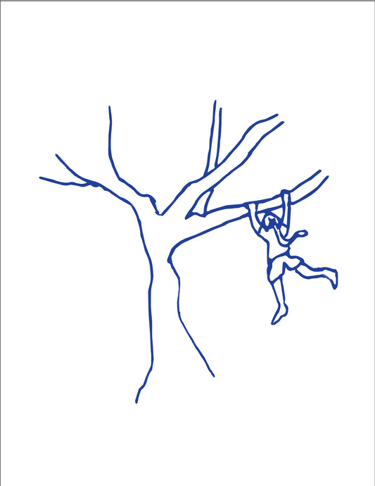 The Girl and Her Tree: Hand Drawn Navy Blue on White Art Print