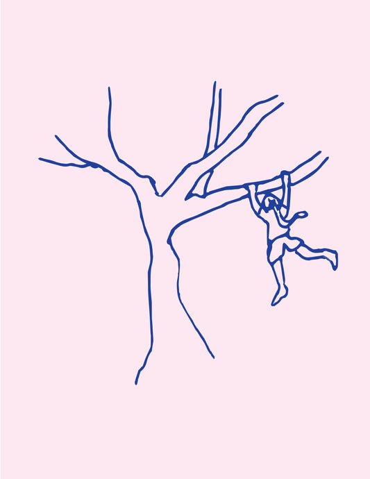 The Girl and Her Tree: Hand-Drawn Navy Blue on Pink Art Print