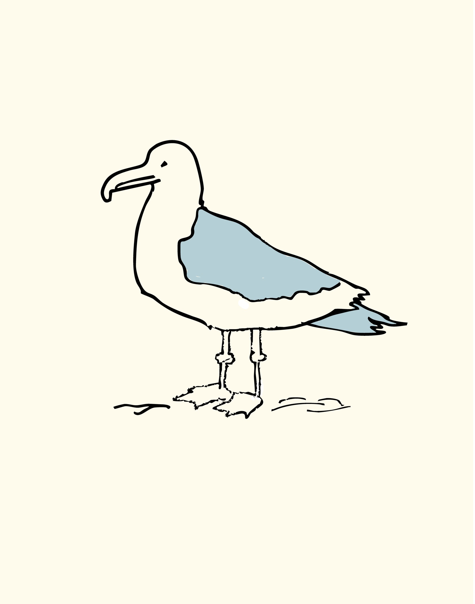 Simple black line drawing of a seagull on a cream background with dusty blue accents