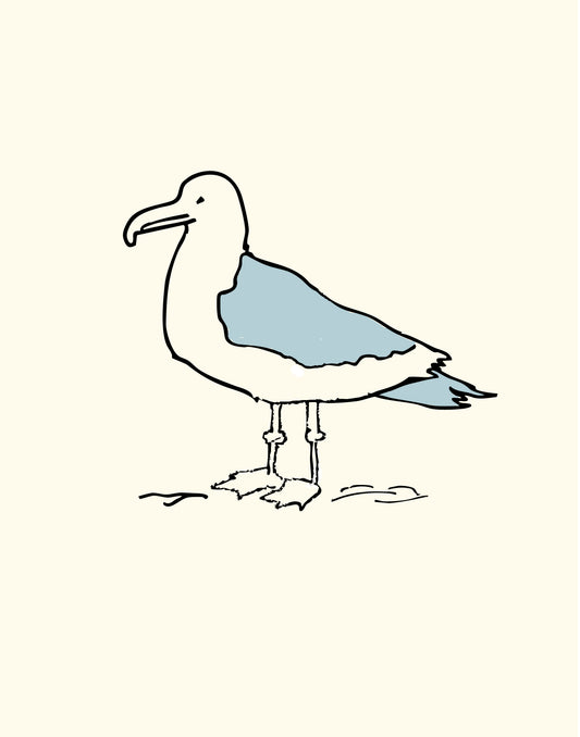 Simple black line drawing of a seagull on a cream background with dusty blue accents