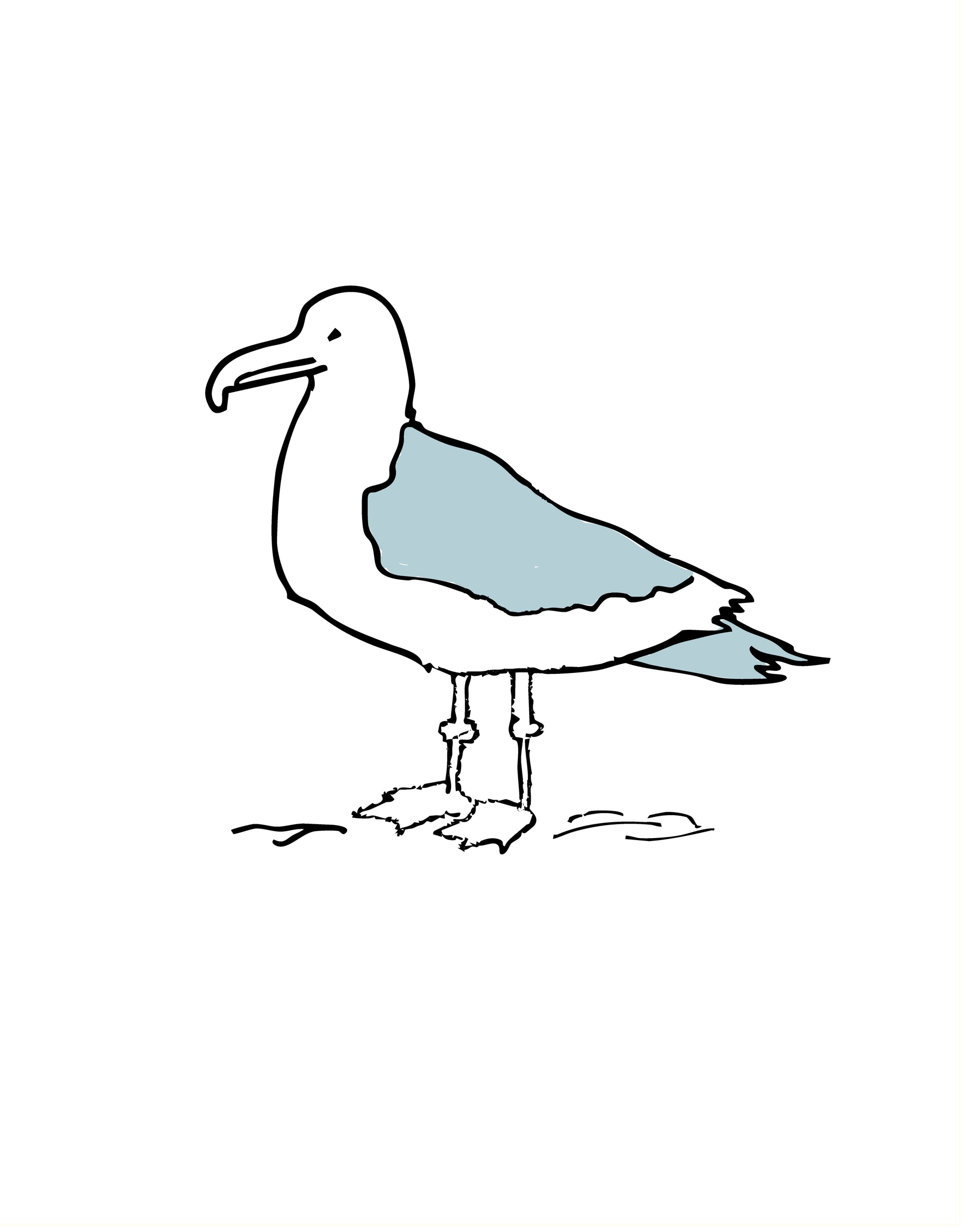 Simple black line drawing of a seagull on a white background with dusty blue accents