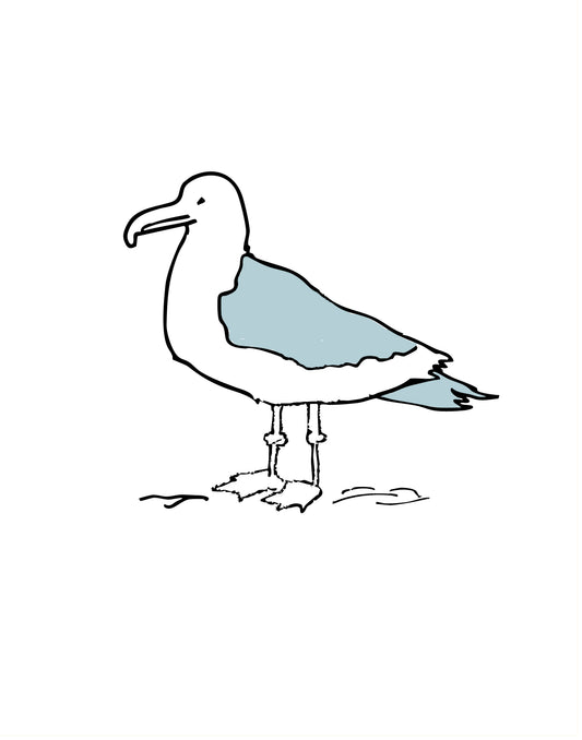 Simple black line drawing of a seagull on a white background with dusty blue accents