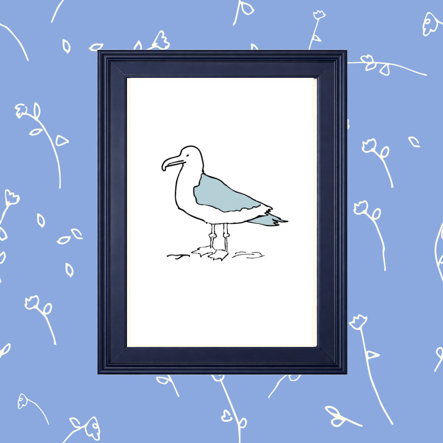 Framed illustration of a seagull on a white background with a blue patterned border