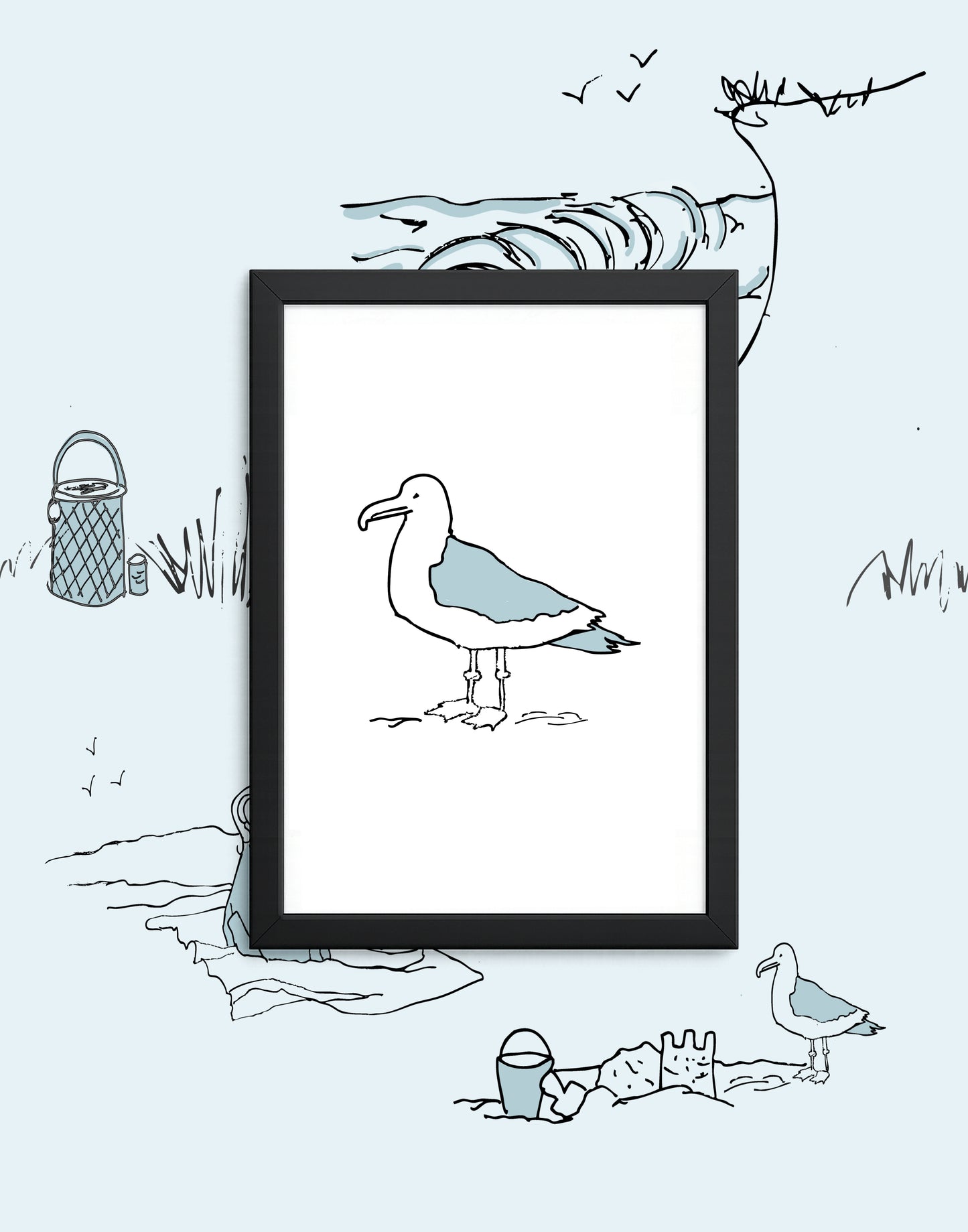 Framed illustration of a seagull on a beach with beach elements around