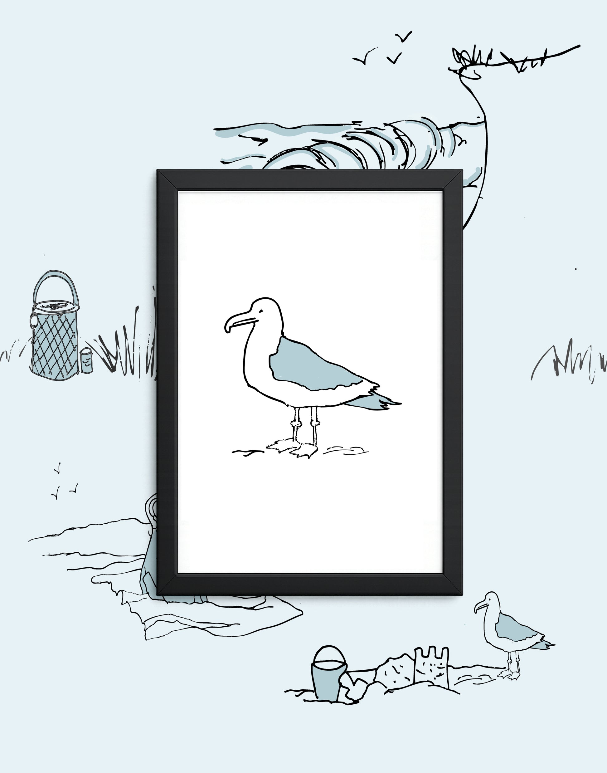Framed illustration of a seagull on a beach with beach elements around