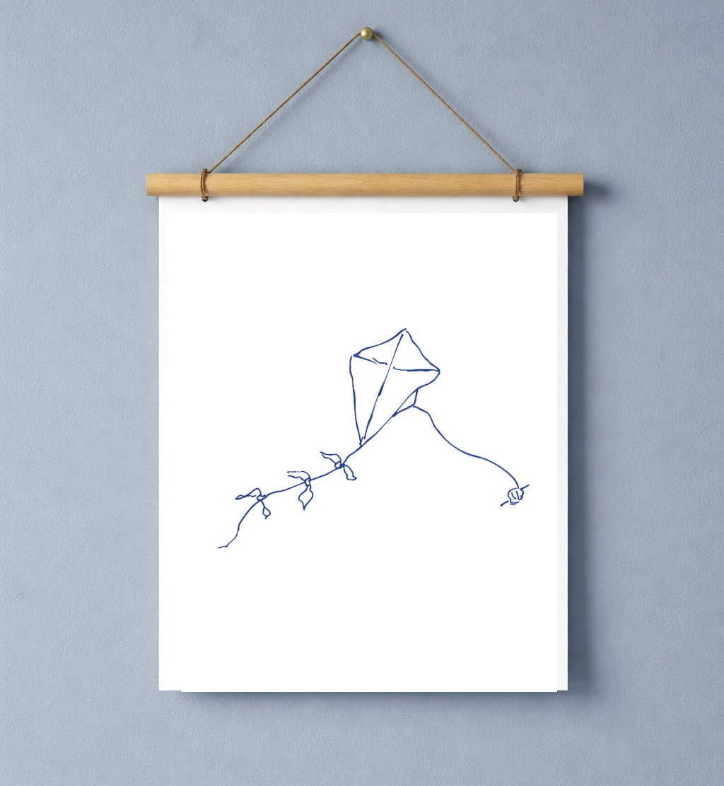 Childhood Kite: Hand-Drawn Navy Blue on White Art Print