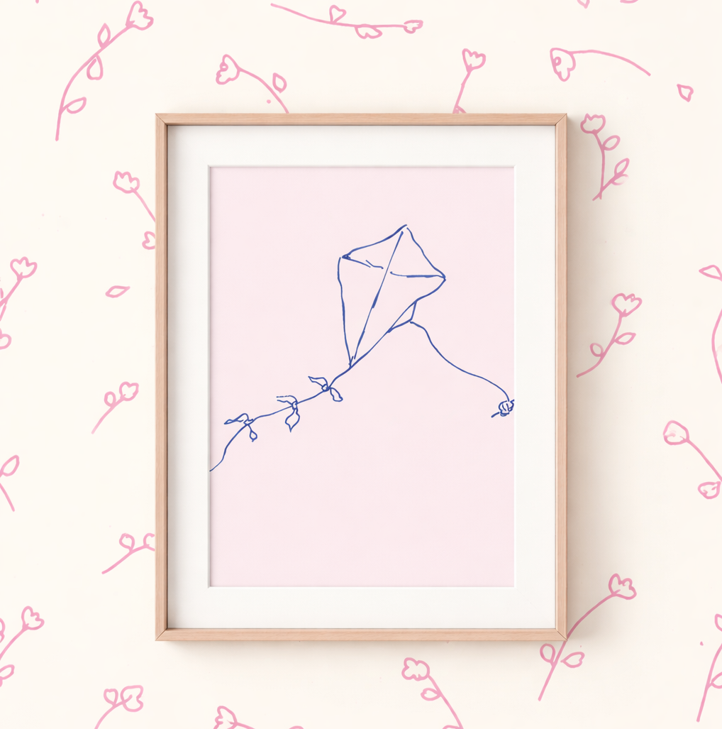 Childhood Kite: Hand-Drawn Navy Blue on Pink Art Print