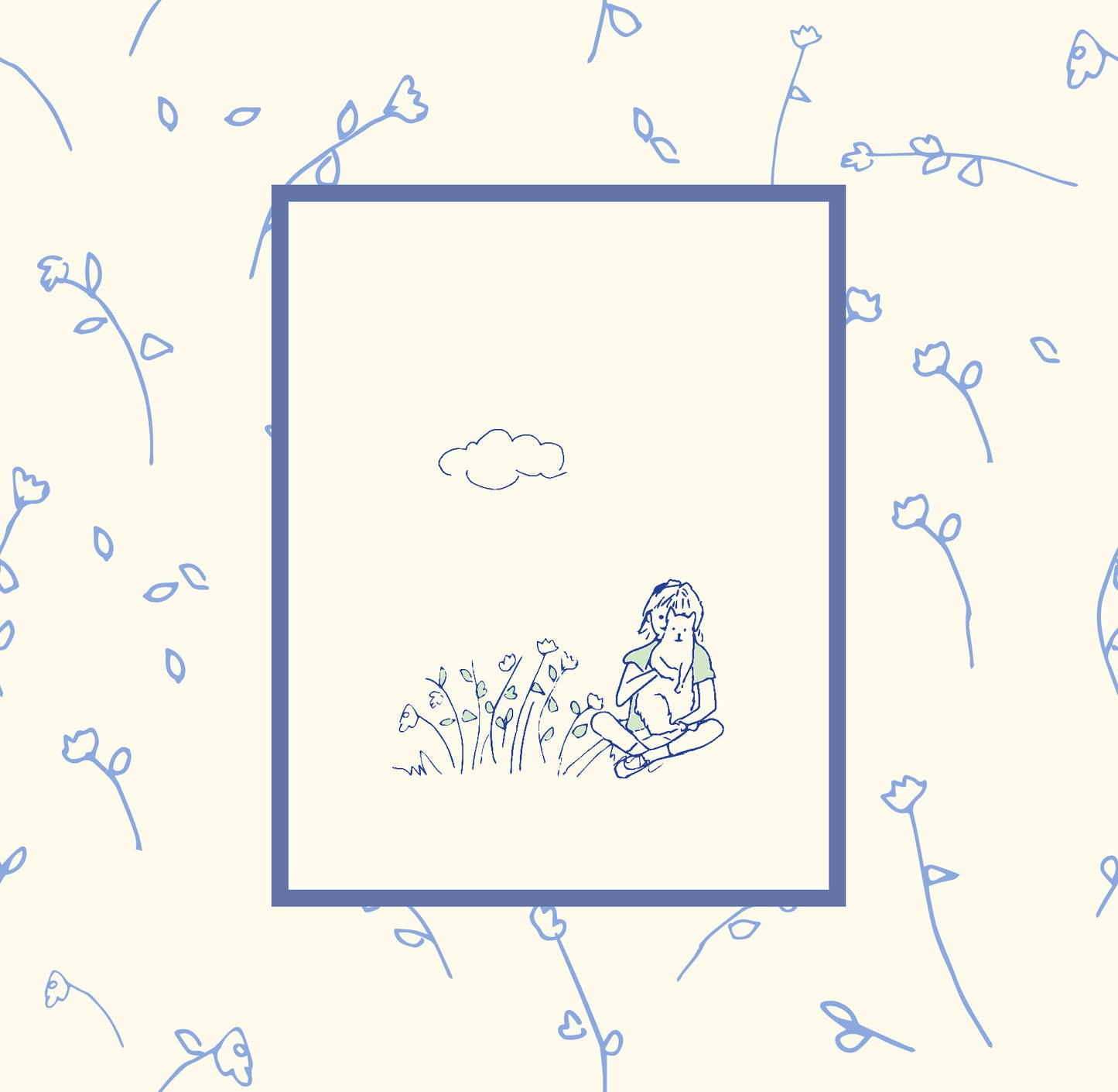 The Girl and Her Cat: Hand-Drawn Navy Blue and Green on Cream Art Print