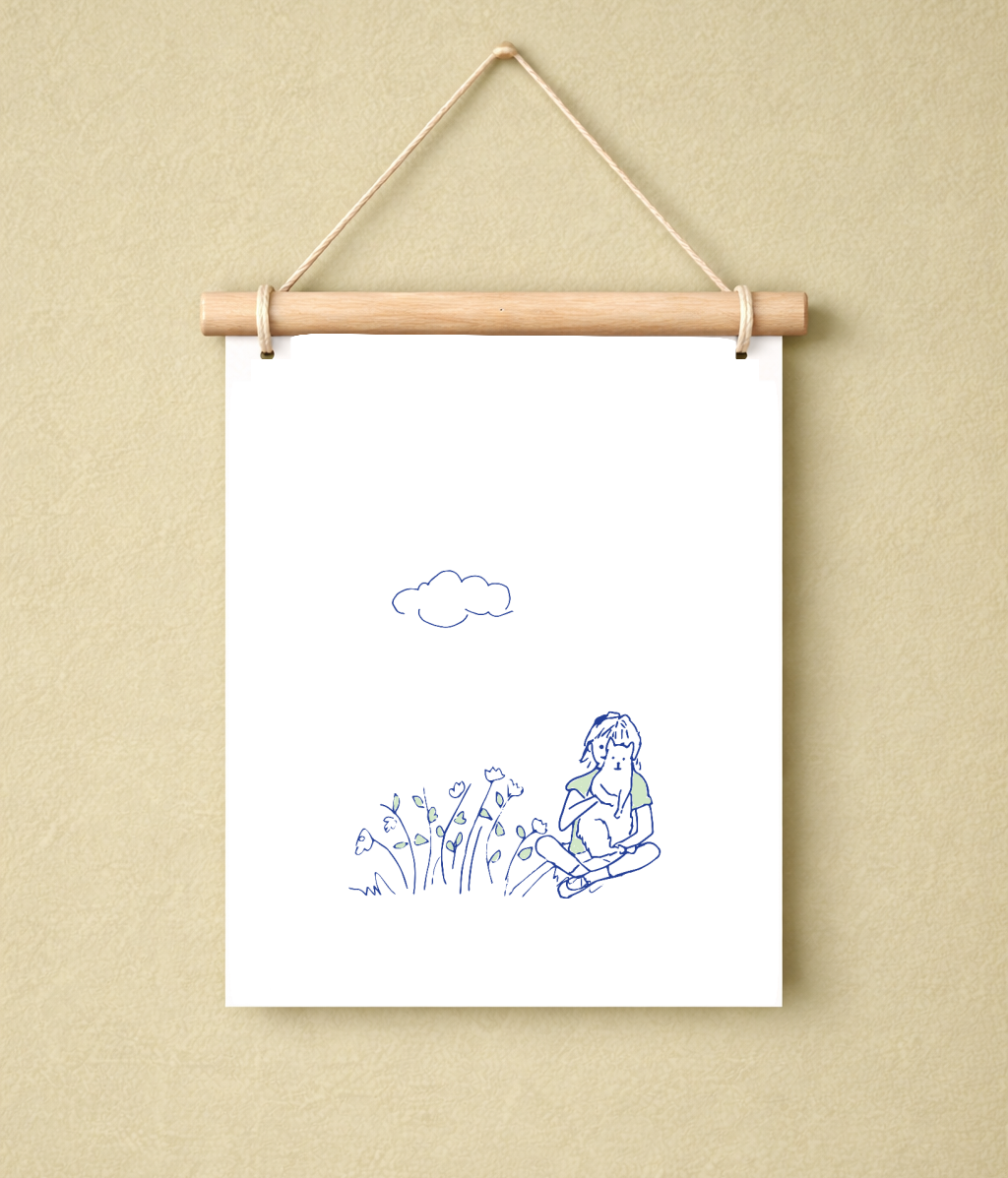 The Girl and Her Cat: Hand-Drawn Navy Blue and Green on Art Print