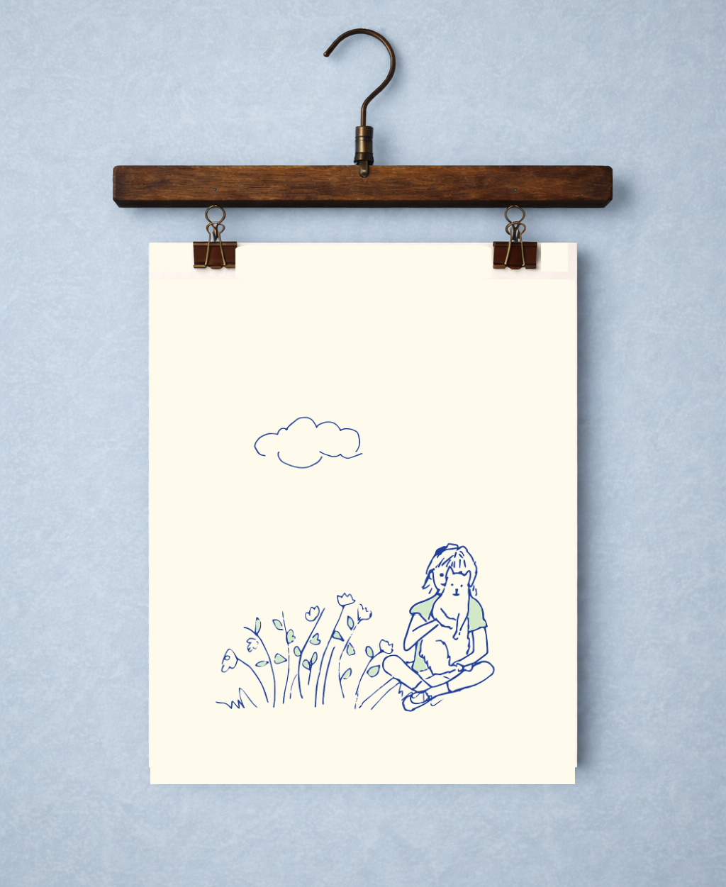 The Girl and Her Cat: Hand-Drawn Navy Blue and Green on Cream Art Print