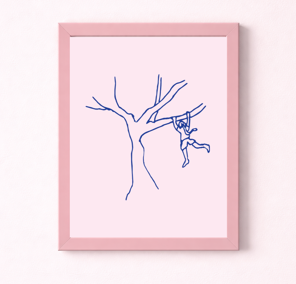 The Girl and Her Tree: Hand-Drawn Navy Blue on Pink Art Print