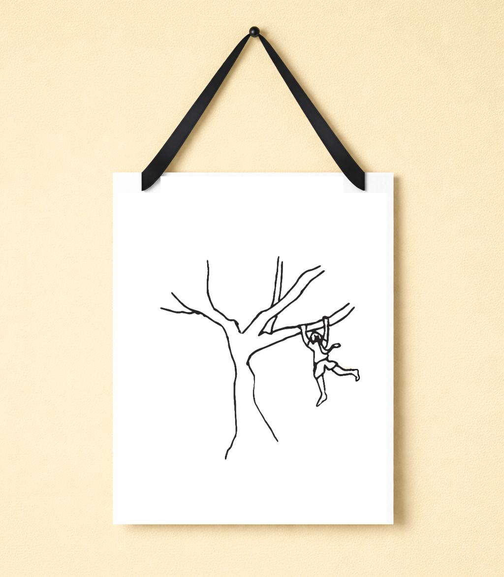 The Girl and Her Tree: Hand-Drawn Black on White Art Print