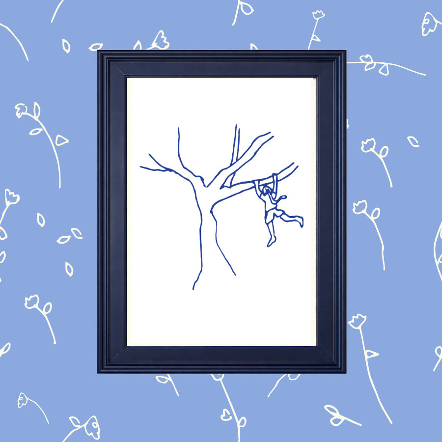 The Girl and Her Tree: Hand Drawn Navy Blue on White Art Print