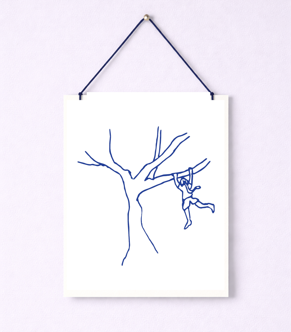 The Girl and Her Tree: Hand Drawn Navy Blue on White Art Print