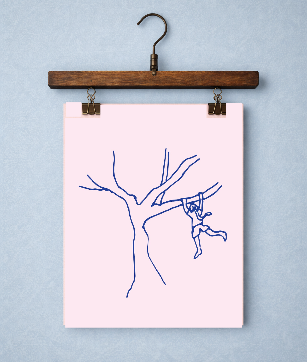 The Girl and Her Tree: Hand-Drawn Navy Blue on Pink Art Print