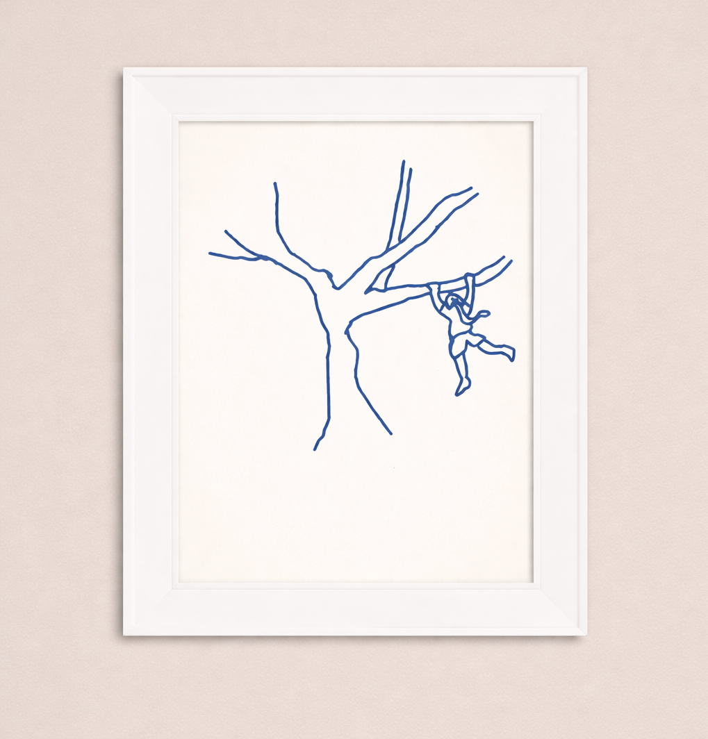 The Girl and Her Tree: Hand-Drawn Navy Blue on Cream Art Print