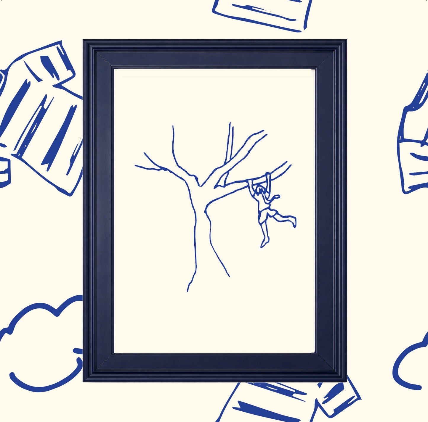 The Girl and Her Tree: Hand-Drawn Navy Blue on Cream Art Print