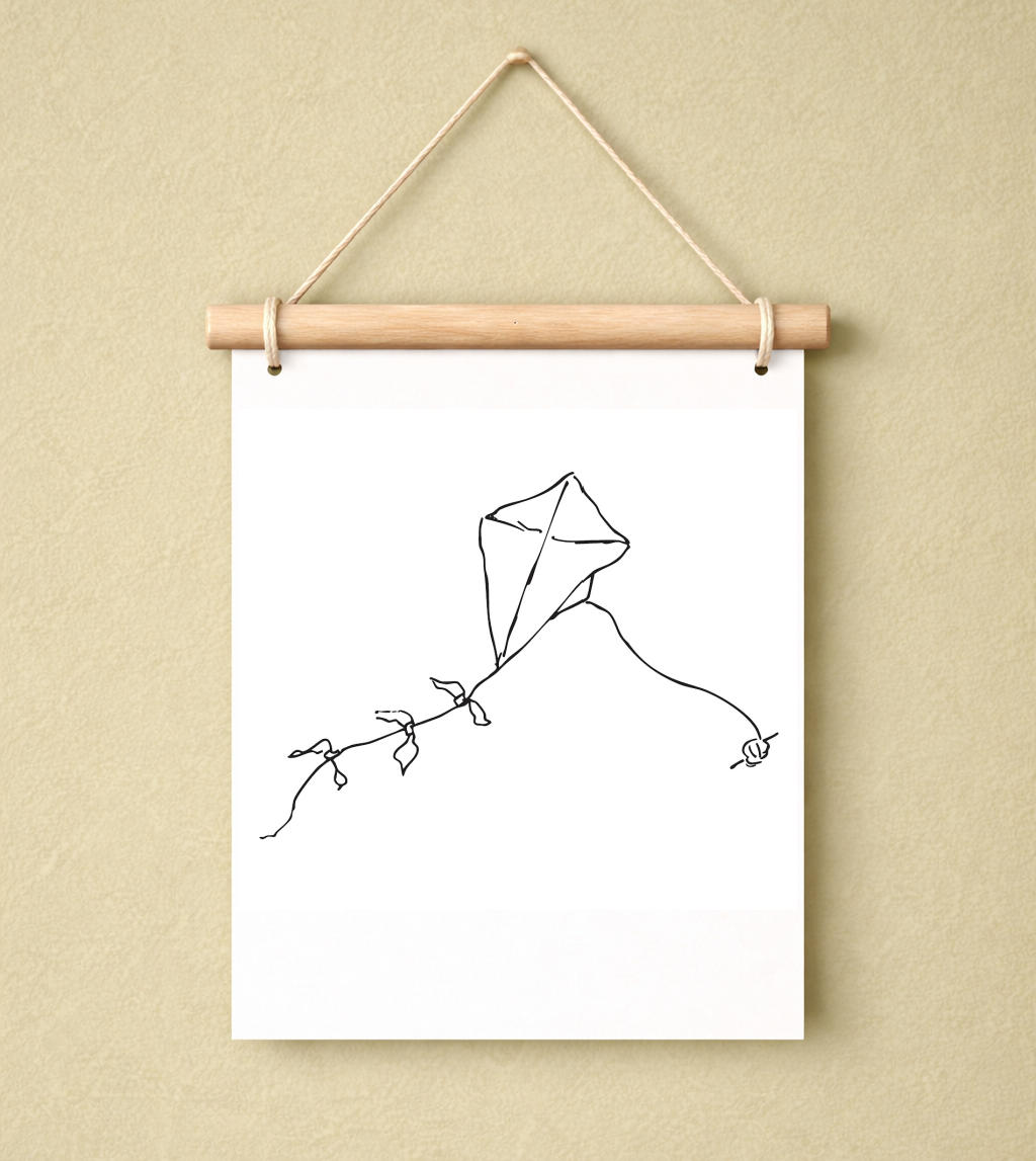 Childhood Kite: Hand-Drawn Black on White Art Print