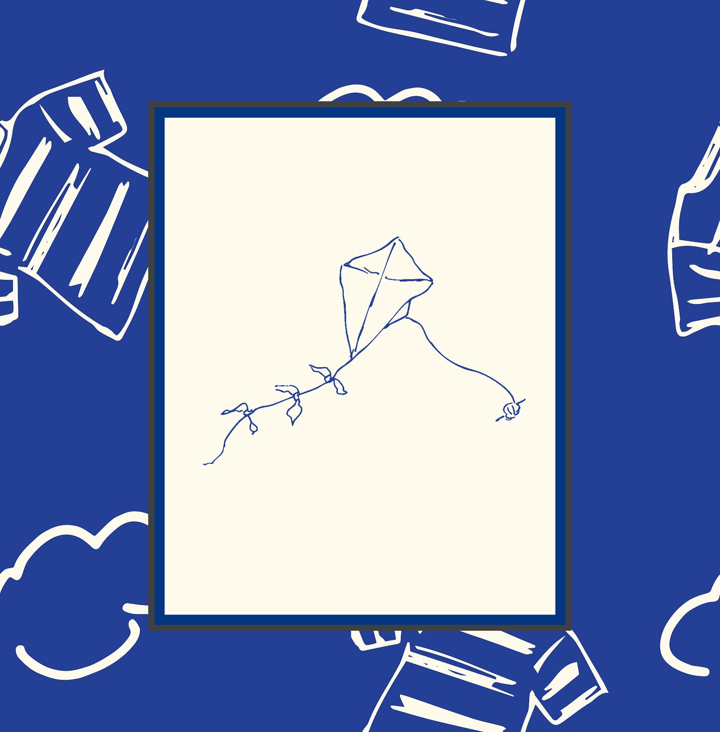 Childhood Kite: Hand-Drawn Navy Blue on Cream Art Print