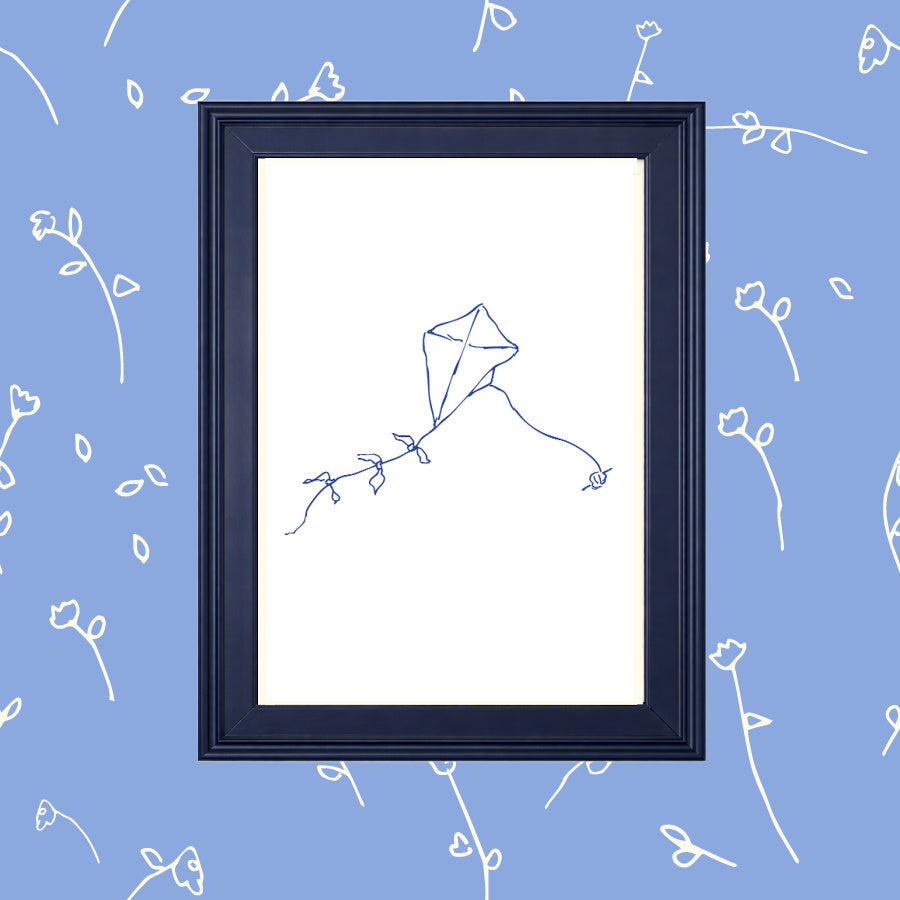 Childhood Kite: Hand-Drawn Navy Blue on White Art Print