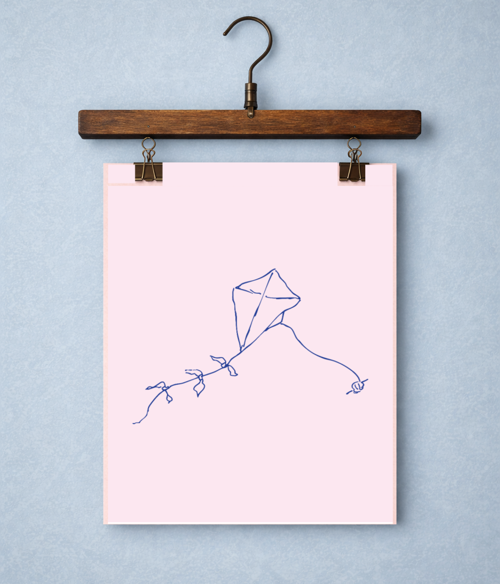 Childhood Kite: Hand-Drawn Navy Blue on Pink Art Print